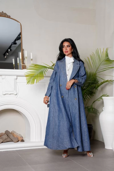 Natural linen blazer abaya in blue, IB135 Blue