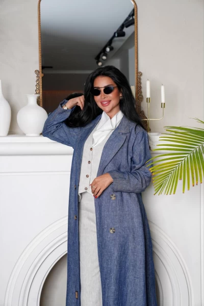Natural linen blazer abaya in blue, IB135 Blue